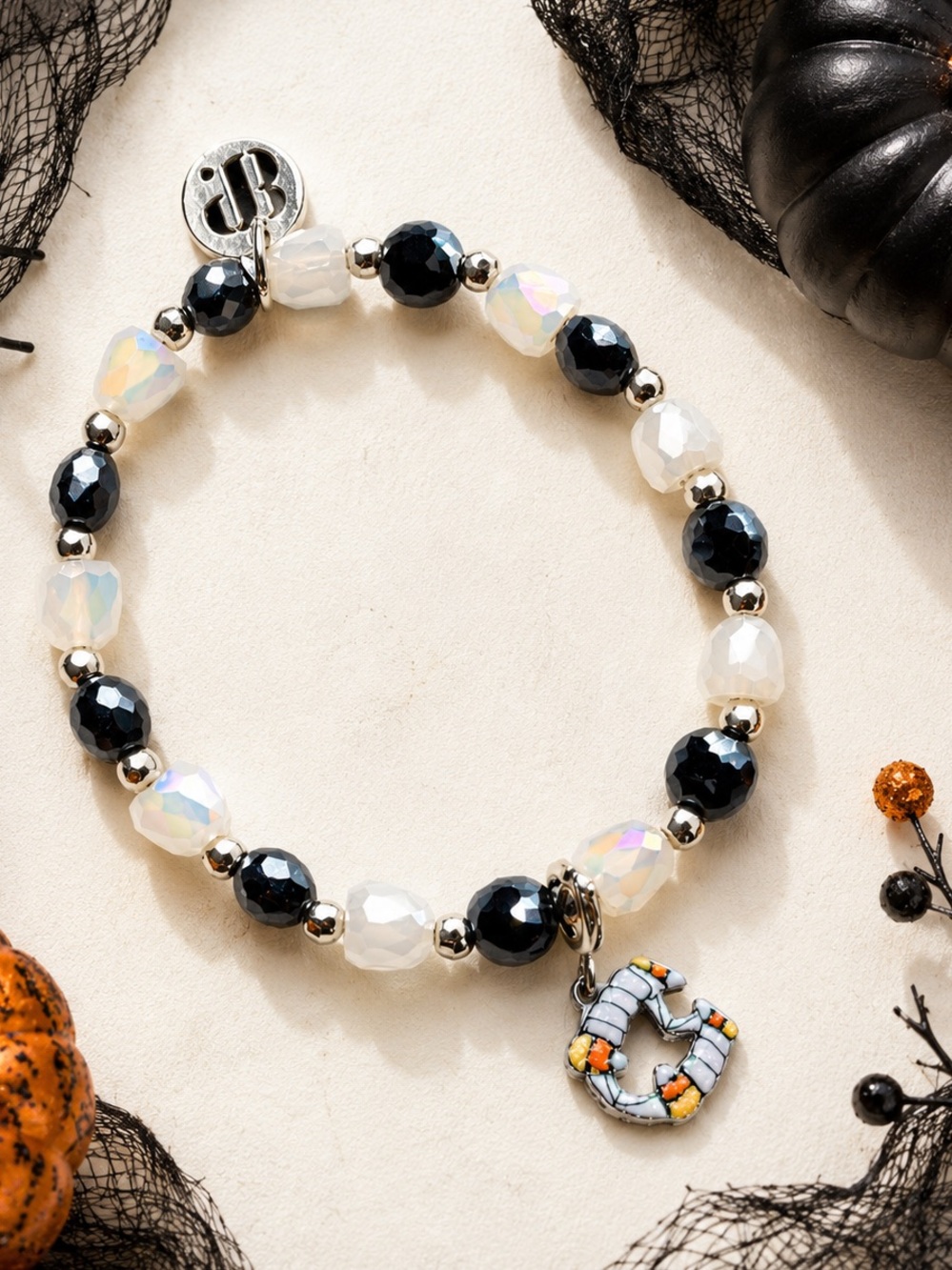 Bomb Party Halloween Candy Corn Teeth Stretch Bracelet Opal-like Bead Spooky EUC